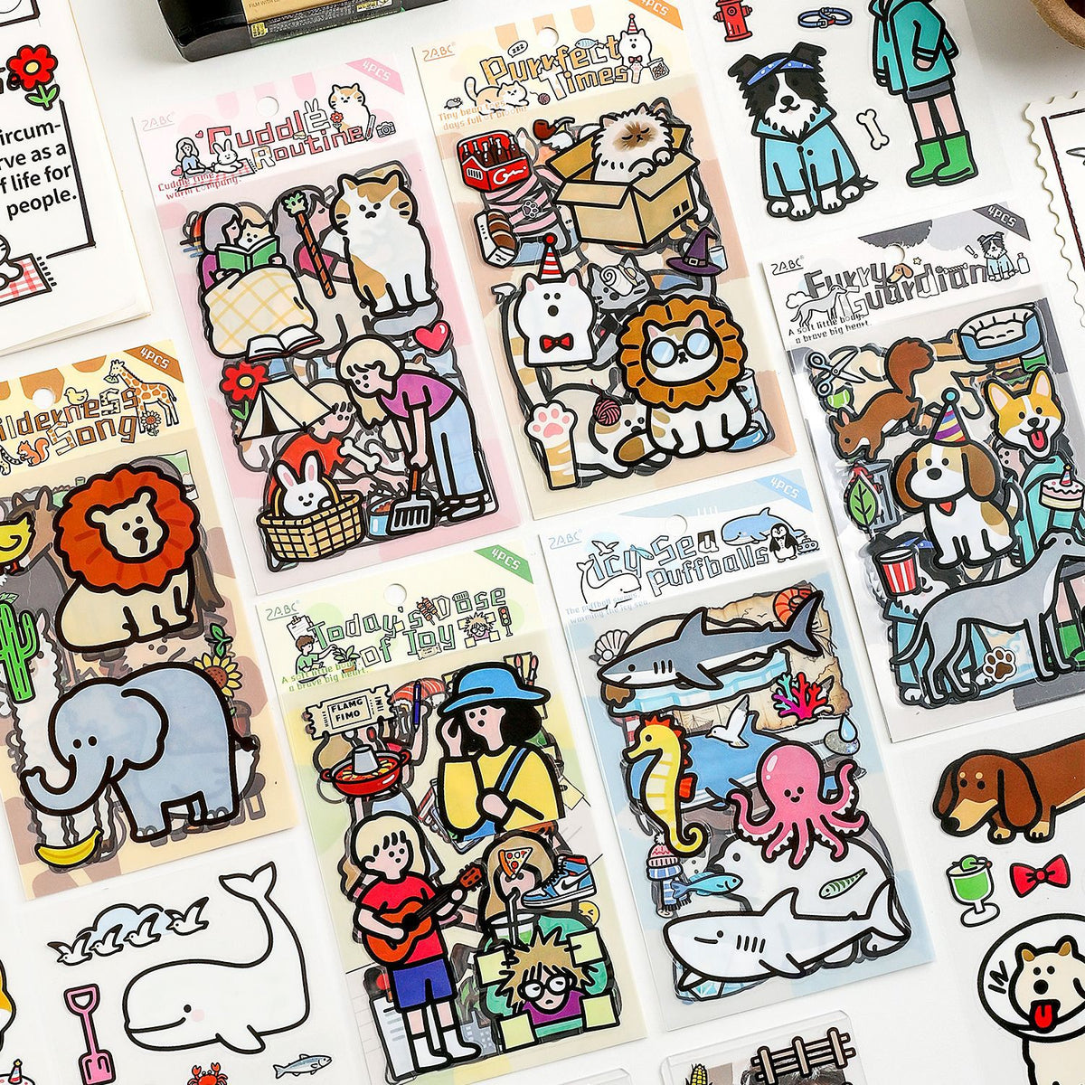 🐾 Set of 4 Whimsical Animal & Everyday Life Laptop Sticker Sheets