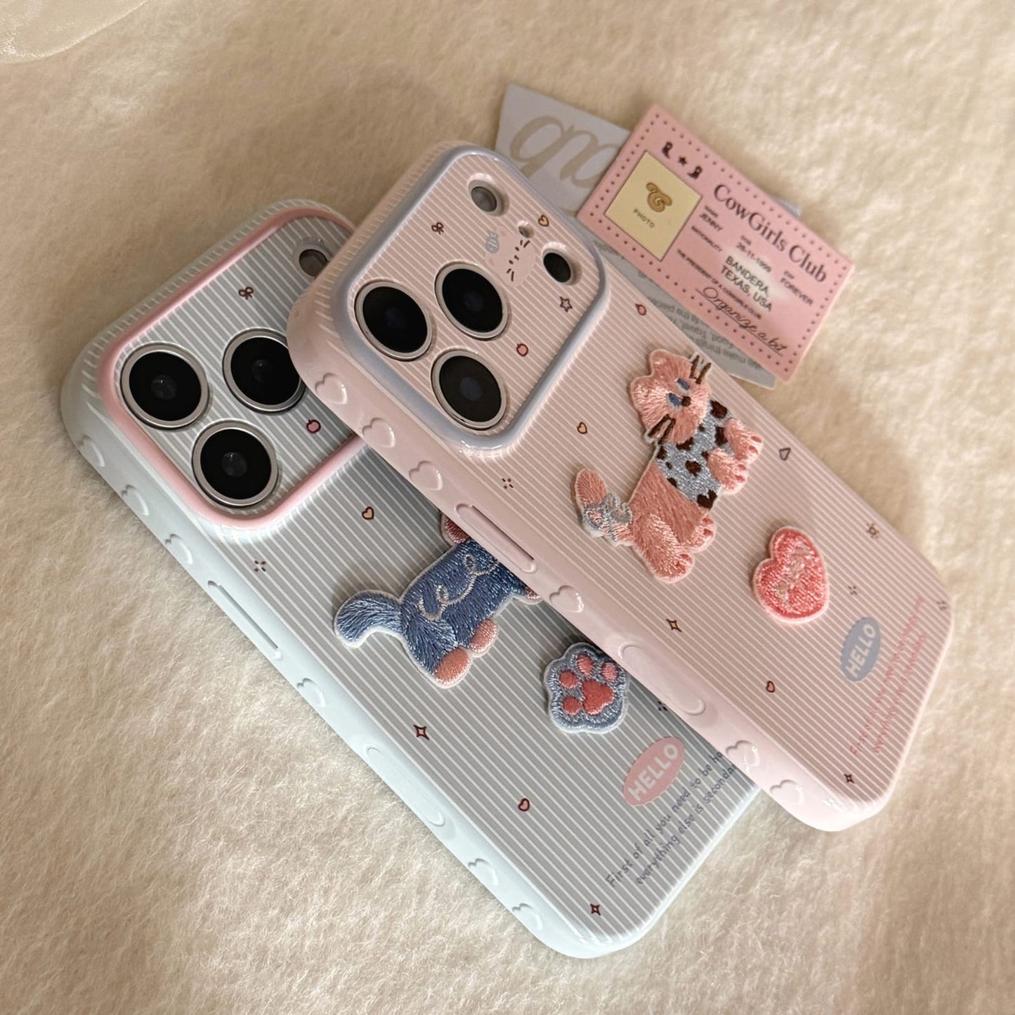 Cute Cat Dog 3D Embroidery Stripes iPhone Case