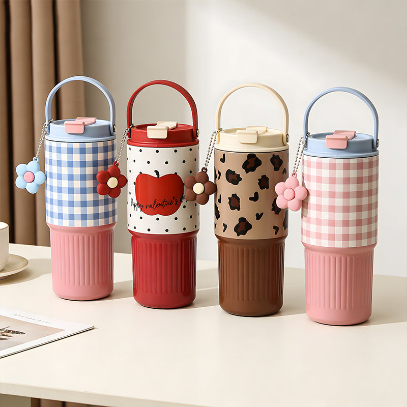 🌸✨ Kawaii Gingham Pattern Thermos Tumbler Bottle with Flower Charm Handle Sipper ✨🌸