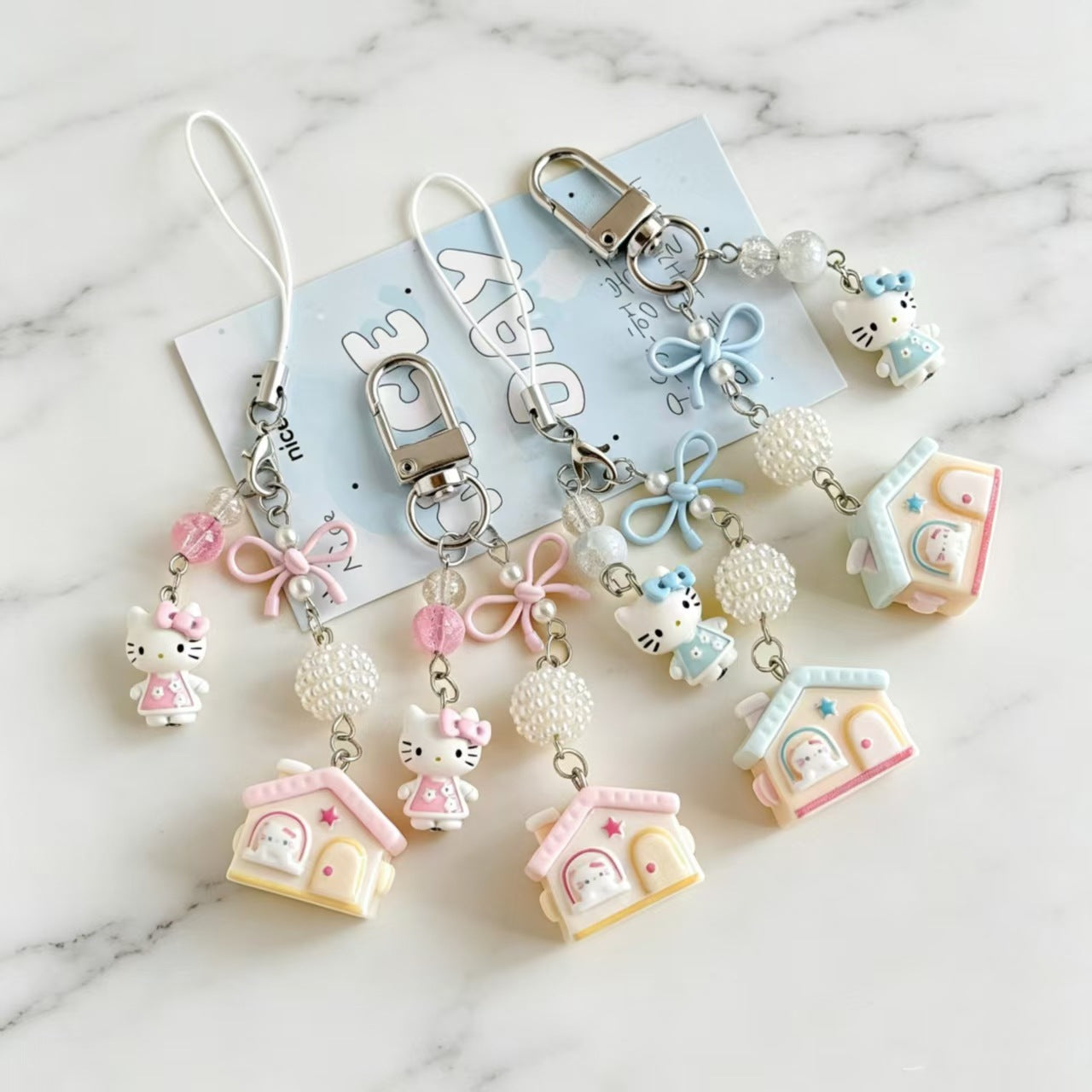 Kawaii Hello Kitty House & Bow Beaded Keychain