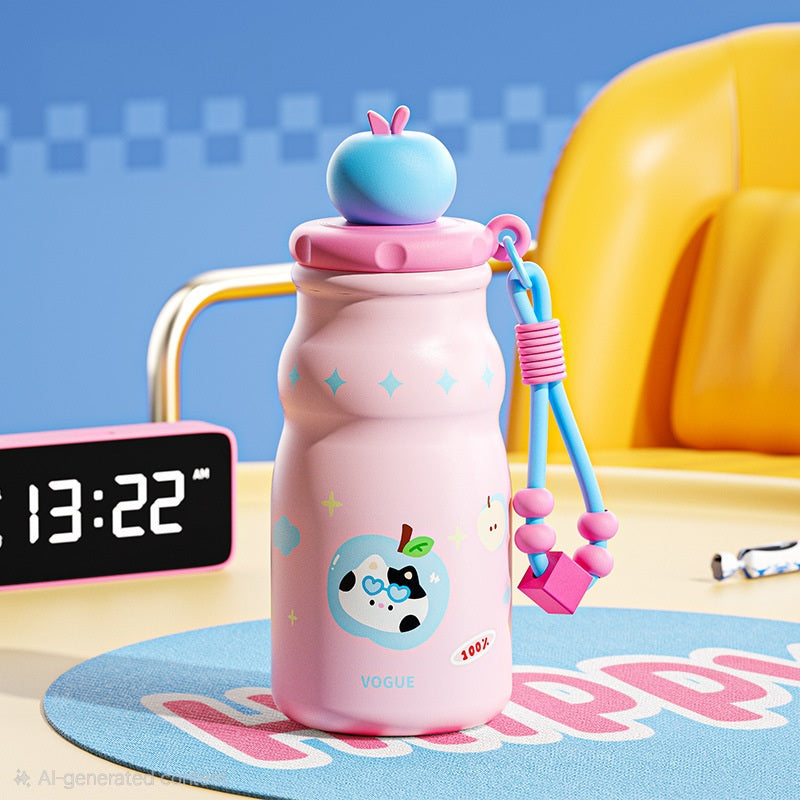 🍎🎀 Kawaii Tomato Fruit Charm Water Bottle Tumbler Sipper with Beaded Strap | Cute Pastel Leakproof Bottle