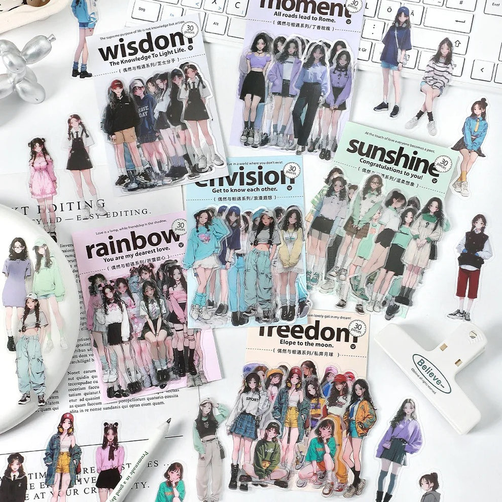 Fashion Girl Sticker Set – 30pcs PET Character Stickers