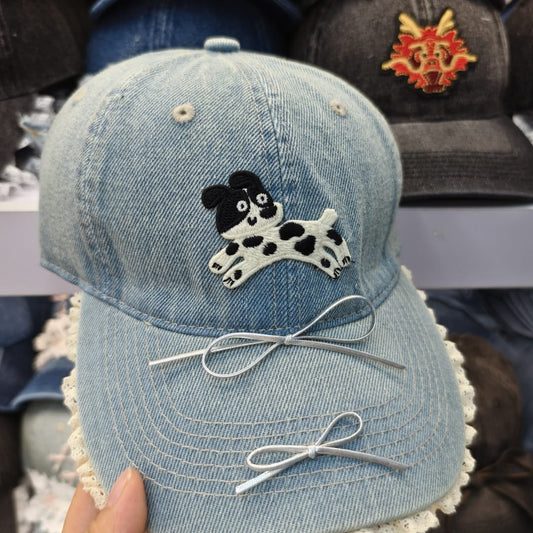 🩵 Denim Lace Bow Dog Cap