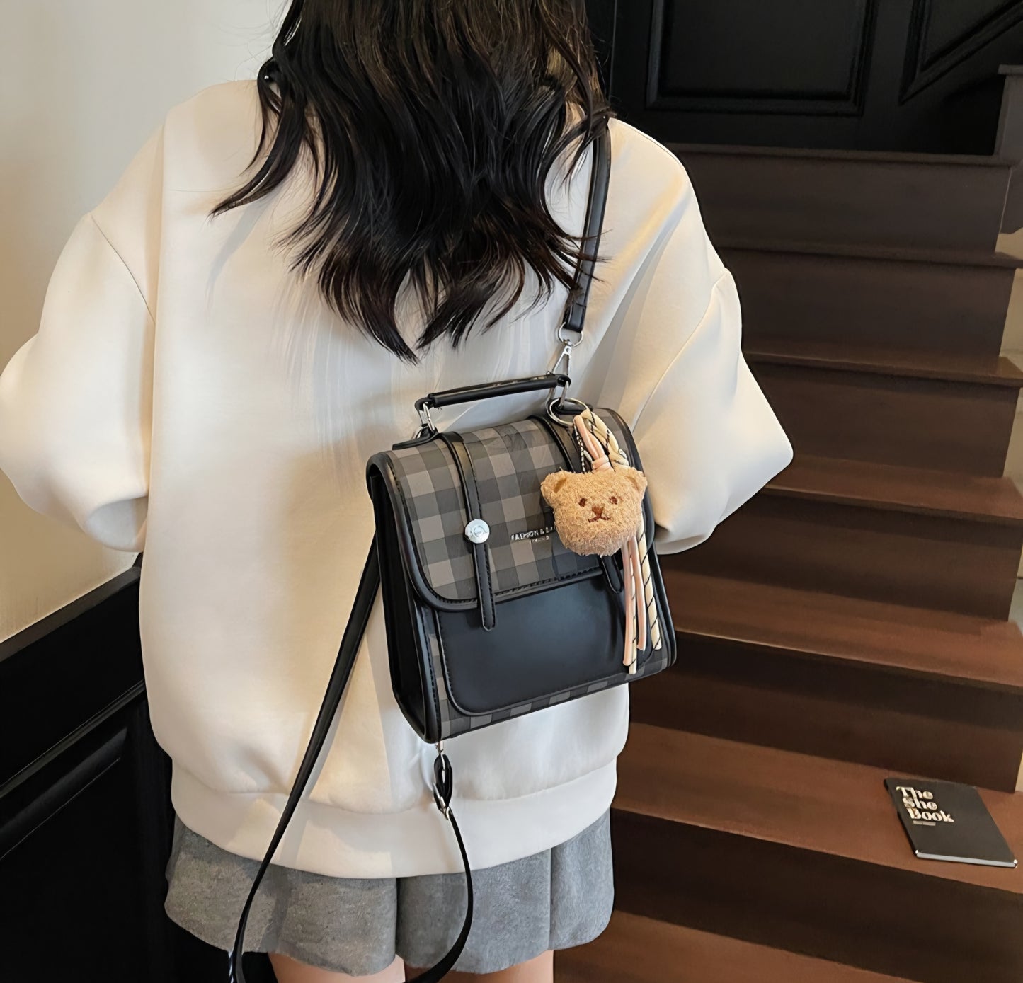 Classic Plaid Teddy Charm Shoulder Satchel Sling Bag