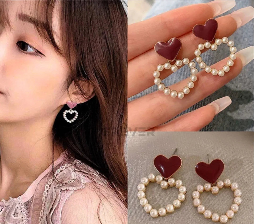 MM1 Korean Red Heart Peal Earrings