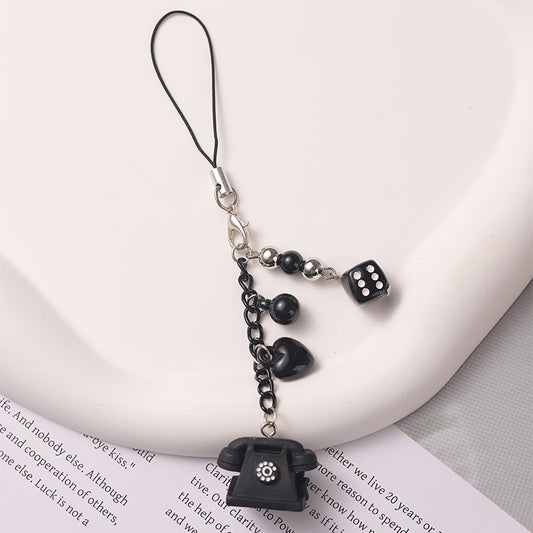 Black Retro Phone with Hearts and Dicr Keychain Tag