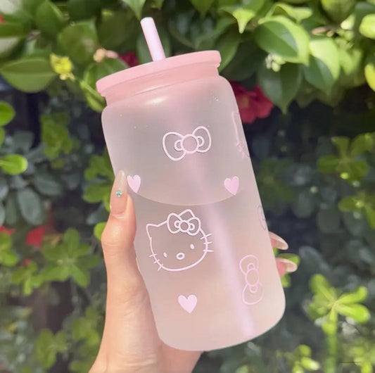 Hello Kitty Frosted Glass Sipper Bottle 💖🥤 | Aesthetic Straw Tumbler