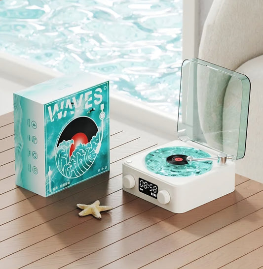 Retro-Style Wireless Waves Vinyl Bluetooth Speaker, Aqua Vinyl Speaker, The Waves Vinyl Player with Ambience Light and Clock for Bedroom, Office, Party, White