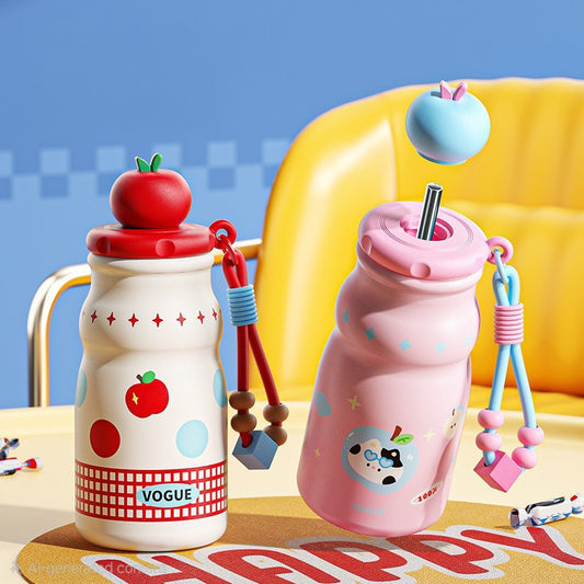 🍎🎀 Kawaii Tomato Fruit Charm Water Bottle Tumbler Sipper with Beaded Strap | Cute Pastel Leakproof Bottle
