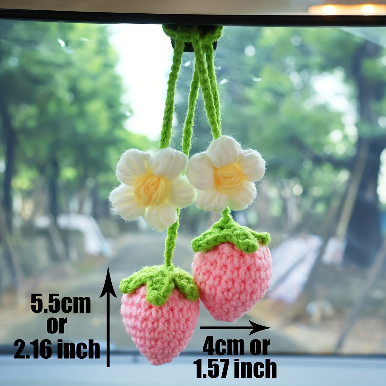 Set of 2 Pink Strawberry Crochet Decor Car Showpeice Keychain