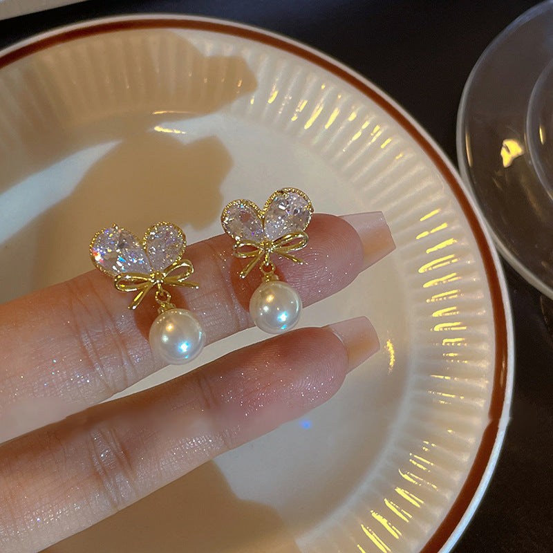MM12 Korean Golden Heart Bow Pearl Drop Earrings