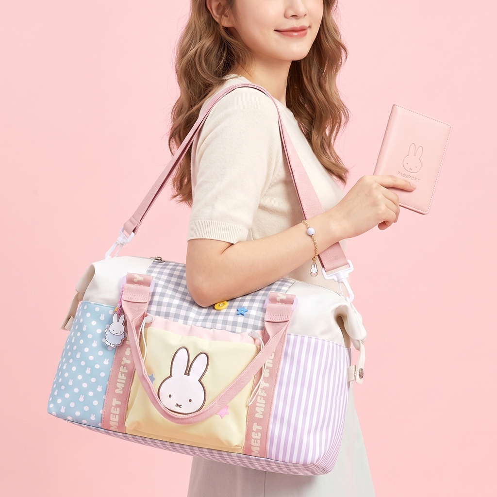 Pre - Order Miffy Official Merch Patchwork Travel Duffle Bag
