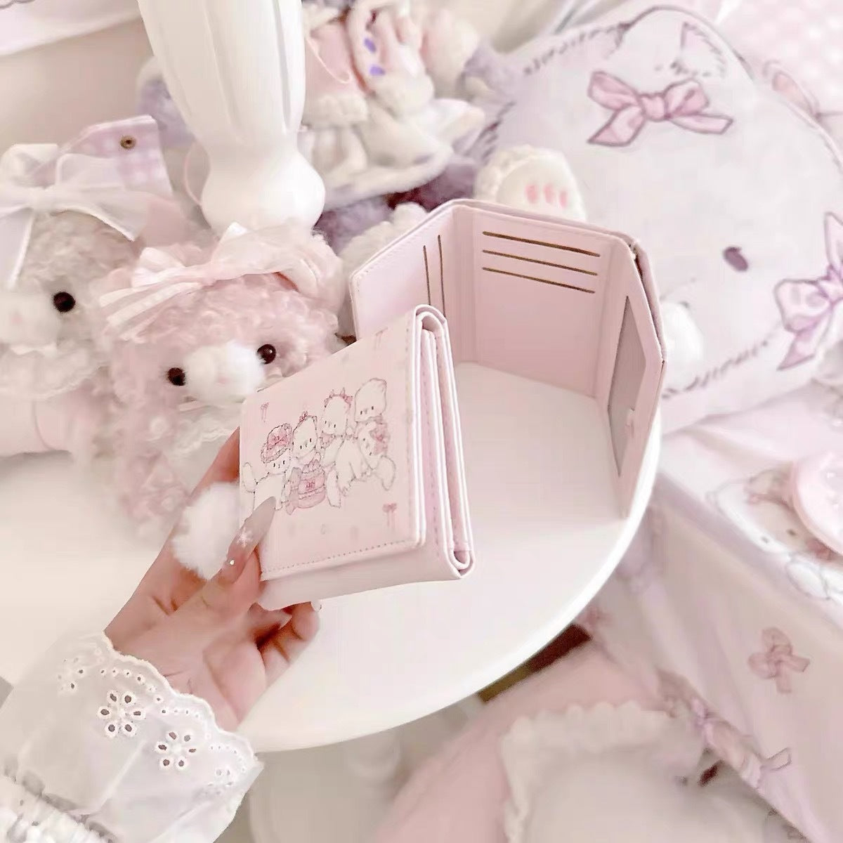 Pink Bear Family Tri Folding Wallet