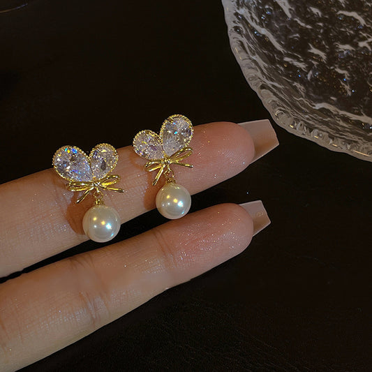 MM12 Korean Golden Heart Bow Pearl Drop Earrings
