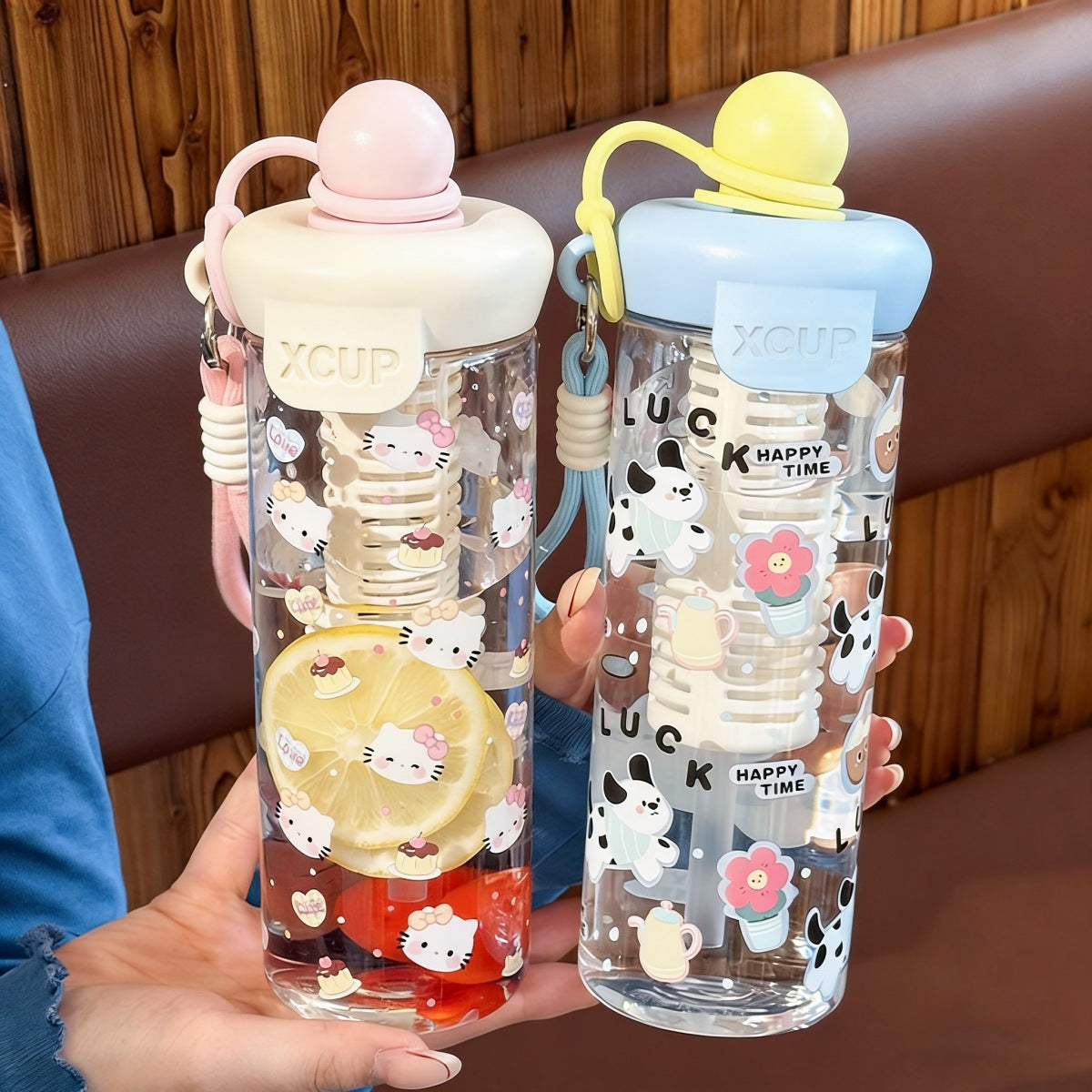 Cute Cartoon XCUP Water Bottle with Straw & Wrist Strap