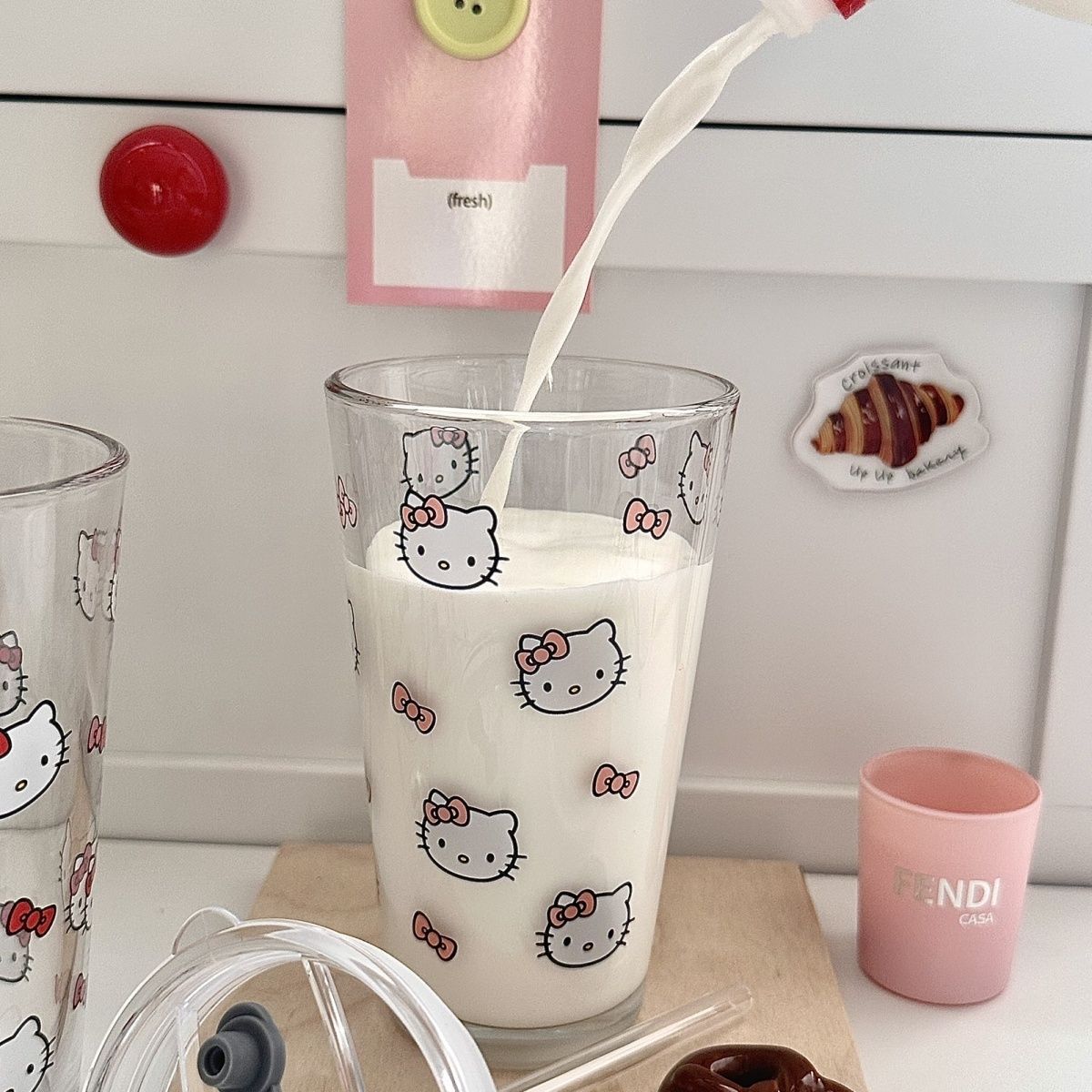 Hello Kitty Aesthetic Glass Tumbler with Lid and Straw