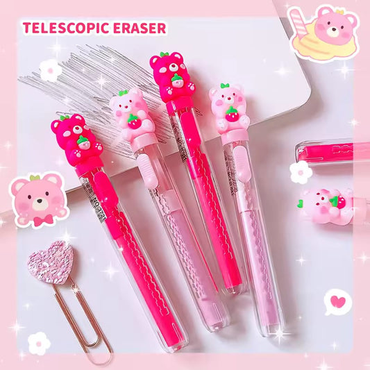Berry Pink Push Cute Telescopic Erasers 🍓🐻