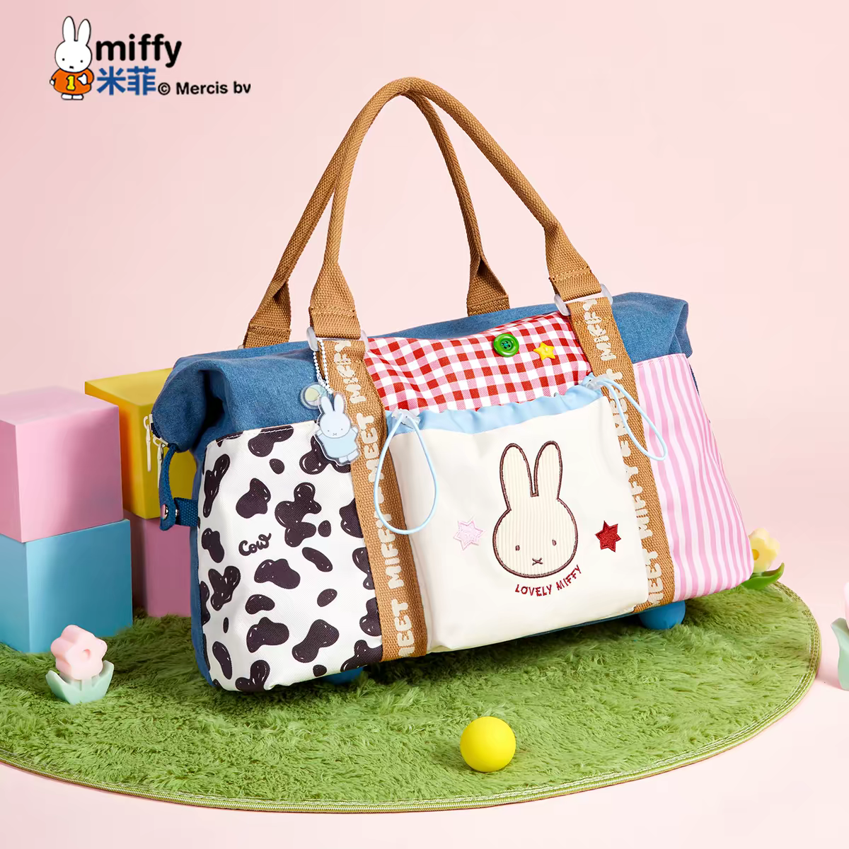 Pre - Order Miffy Official Merch Patchwork Travel Duffle Bag