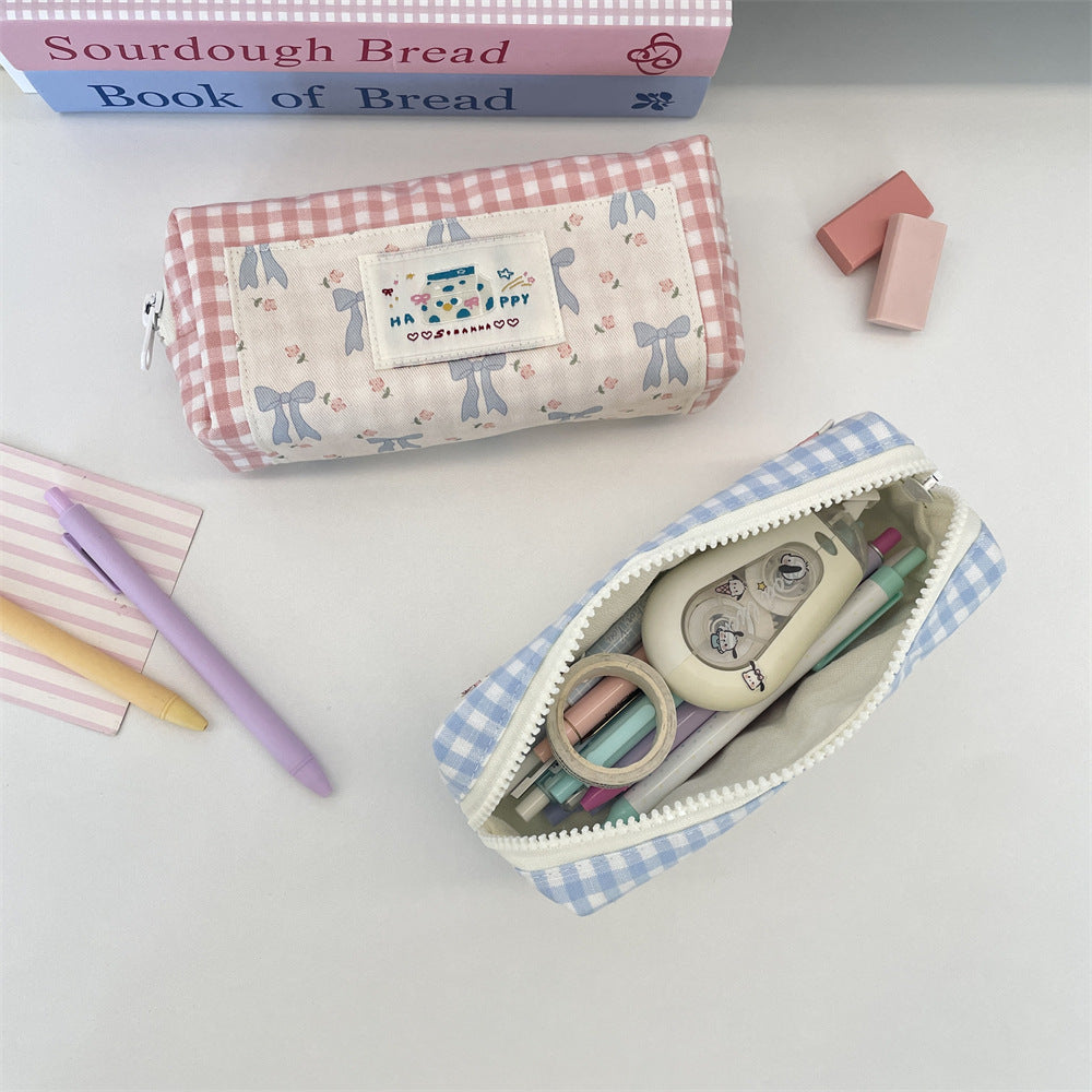 Sweet Ribbon Gingham Pencil Pouch 🎀🩵