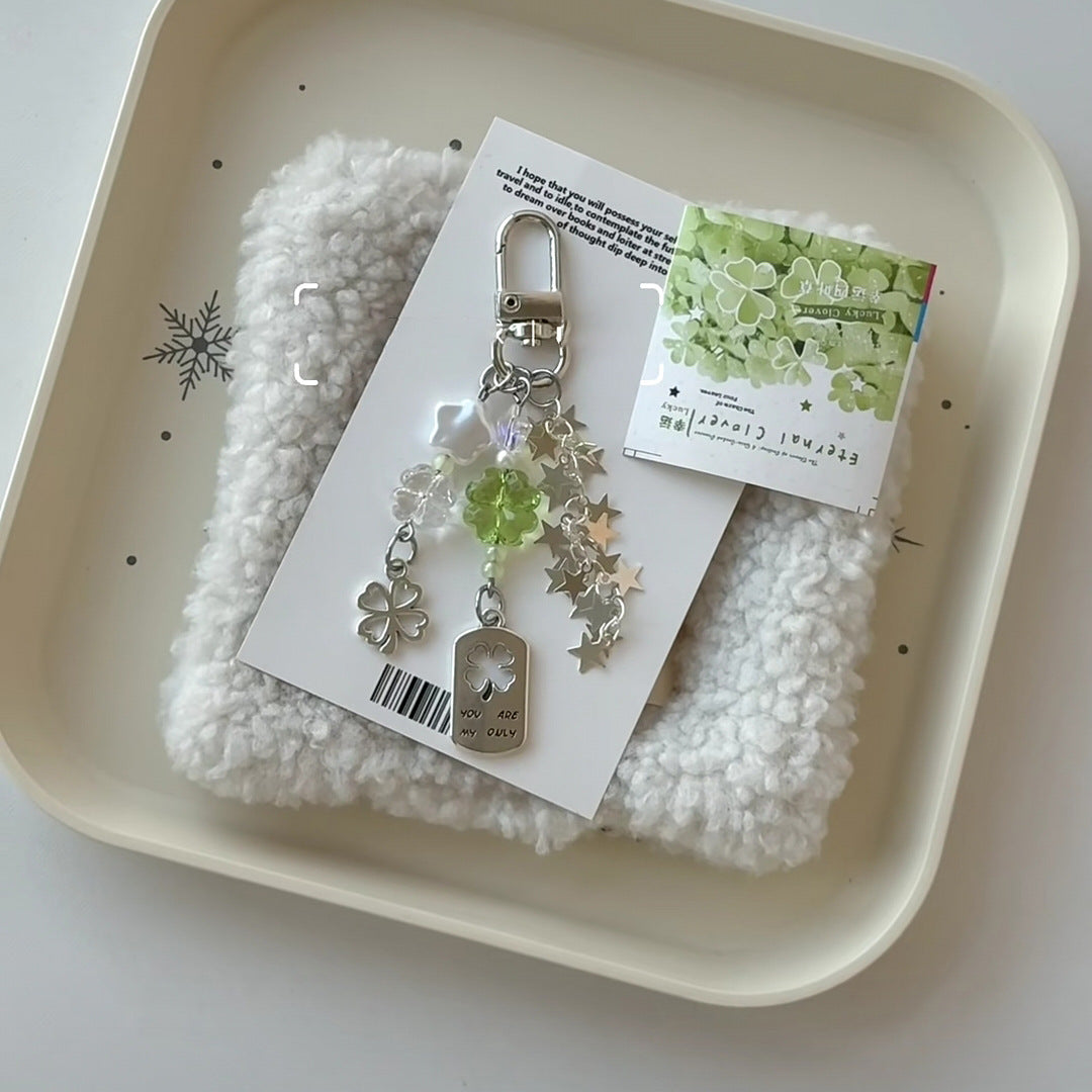 Lucky Clover Charm Keychain & Phone Strap – Silver Star Beaded Accessory
