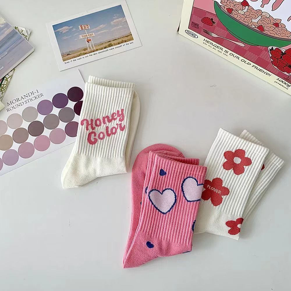 Korean Pink Theme Cherry and Hearts Socks