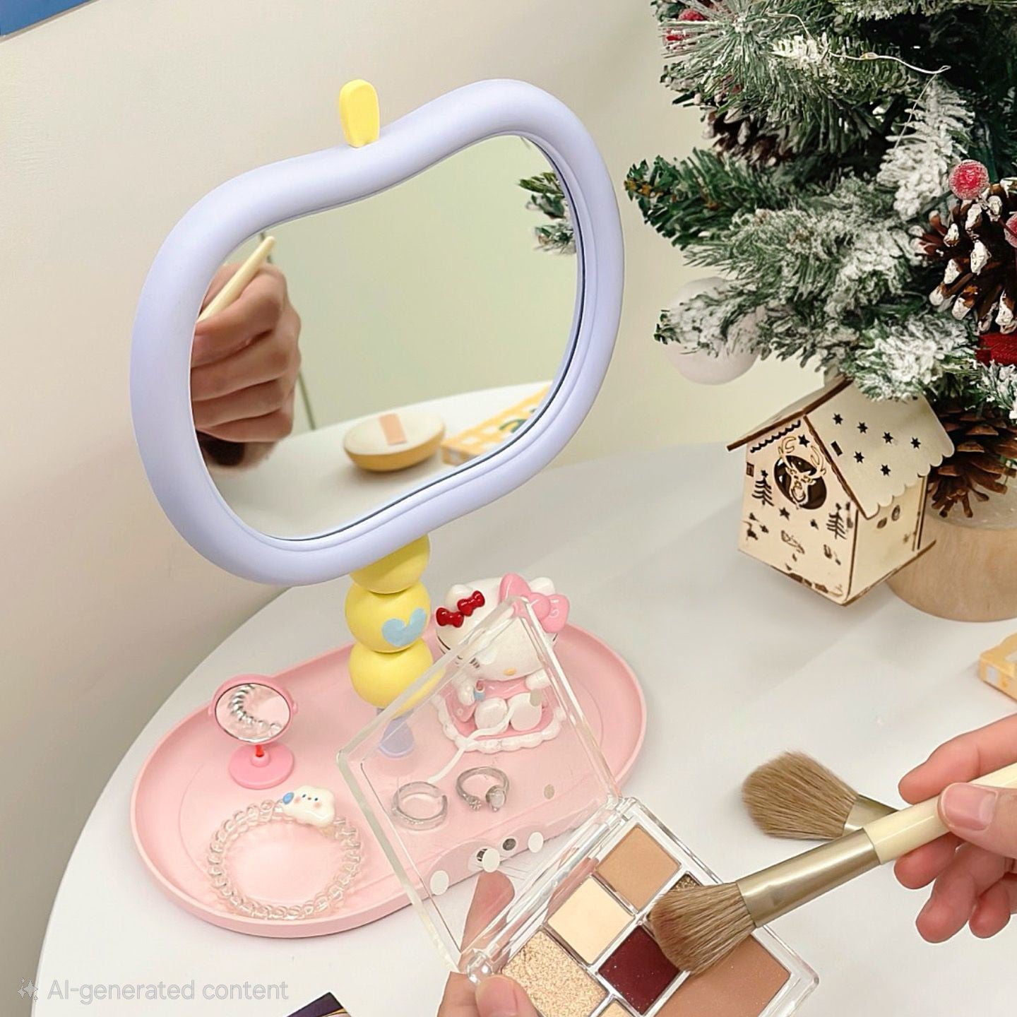 Kawaii Apple Beaded Vanity Mirror with Storage Tray 🎀🪞