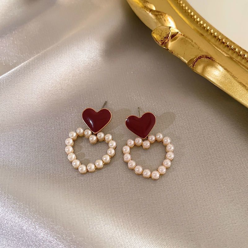 MM1 Korean Red Heart Peal Earrings