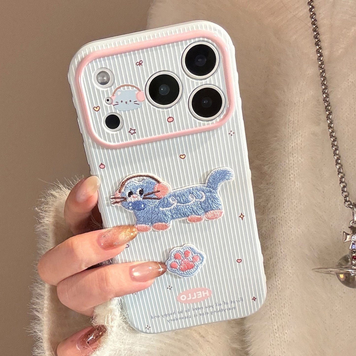 Cute Cat Dog 3D Embroidery Stripes iPhone Case