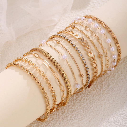 Set of 12 Golden Hour Layered Bracelets Set ✨ | Dainty Pearl & Chain Bracelets