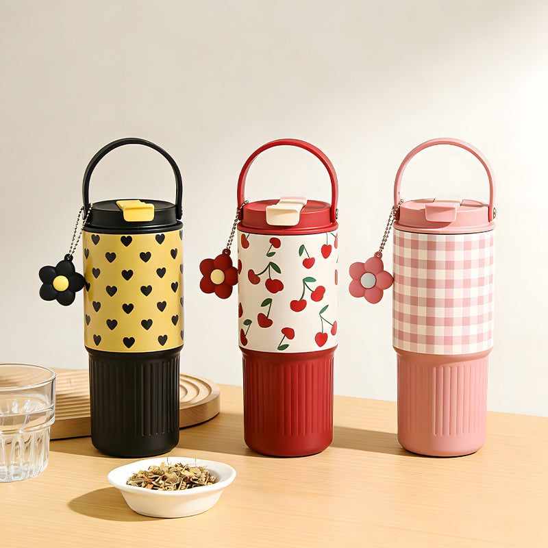 🌸✨ Kawaii Gingham Pattern Thermos Tumbler Bottle with Flower Charm Handle Sipper ✨🌸