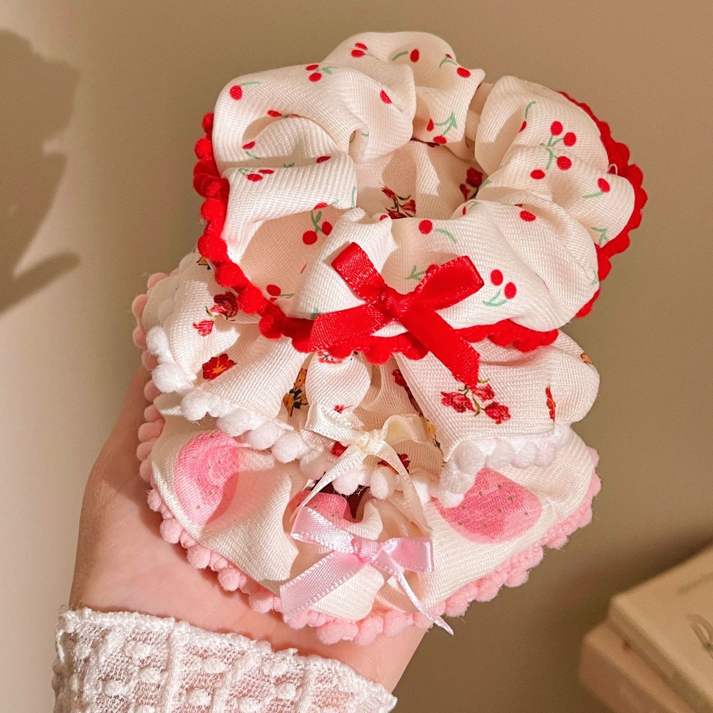 🎀 Strawberry & Bow Ruffle Scrunchies