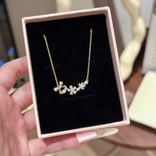 ✨ Golden Blossom Bow Necklace ✨🎀🌸