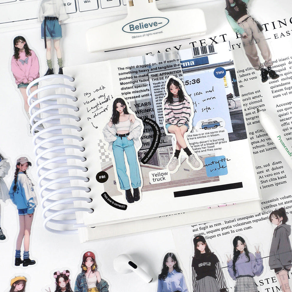 Fashion Girl Sticker Set – 30pcs PET Character Stickers