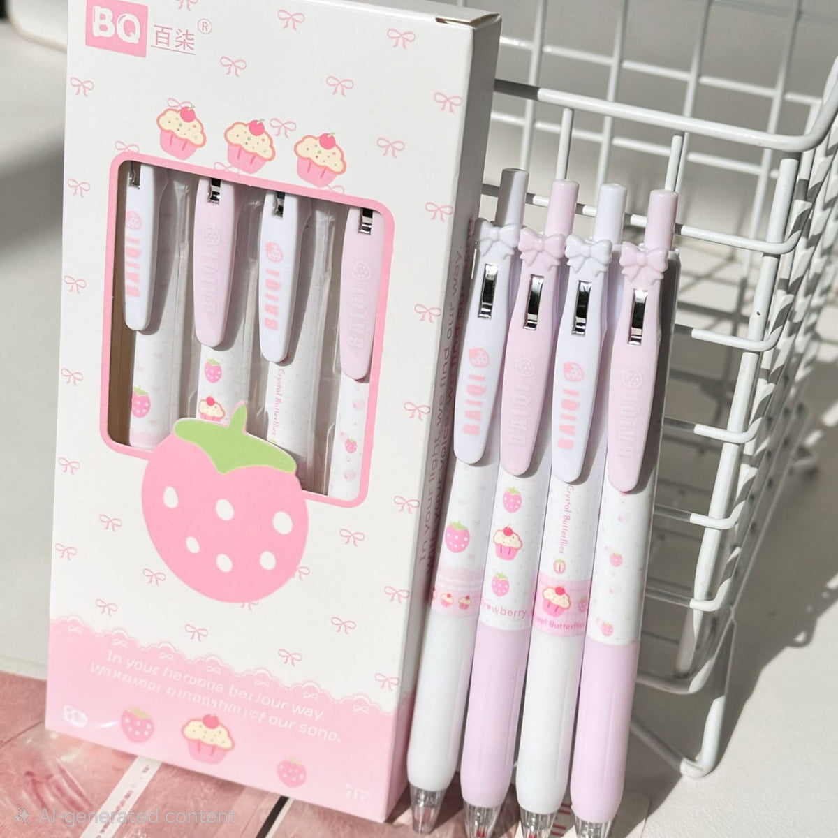 🎀 Strawberry Bow 4 Pens Set 🍓🖊️