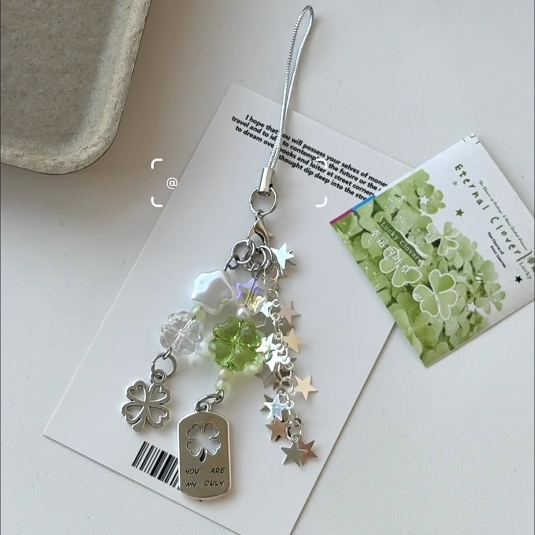 Lucky Clover Charm Keychain & Phone Strap – Silver Star Beaded Accessory