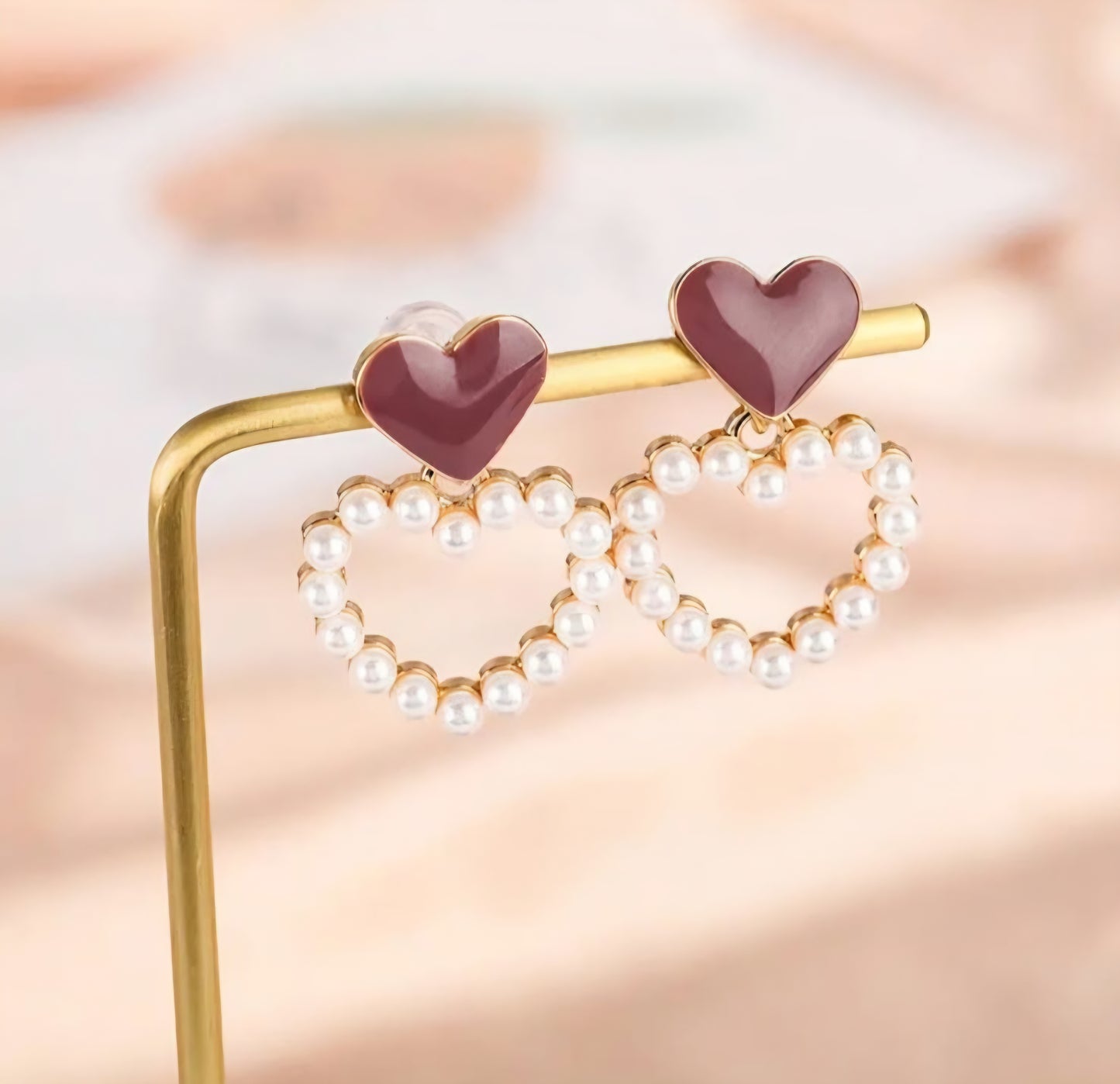 MM1 Korean Red Heart Peal Earrings