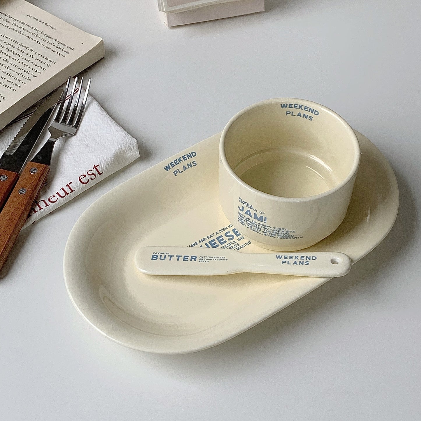 Weekend Plans Ceramic Breakfast Bread, Jam, Cheese, Butter Plate Cup 🍞☕✨