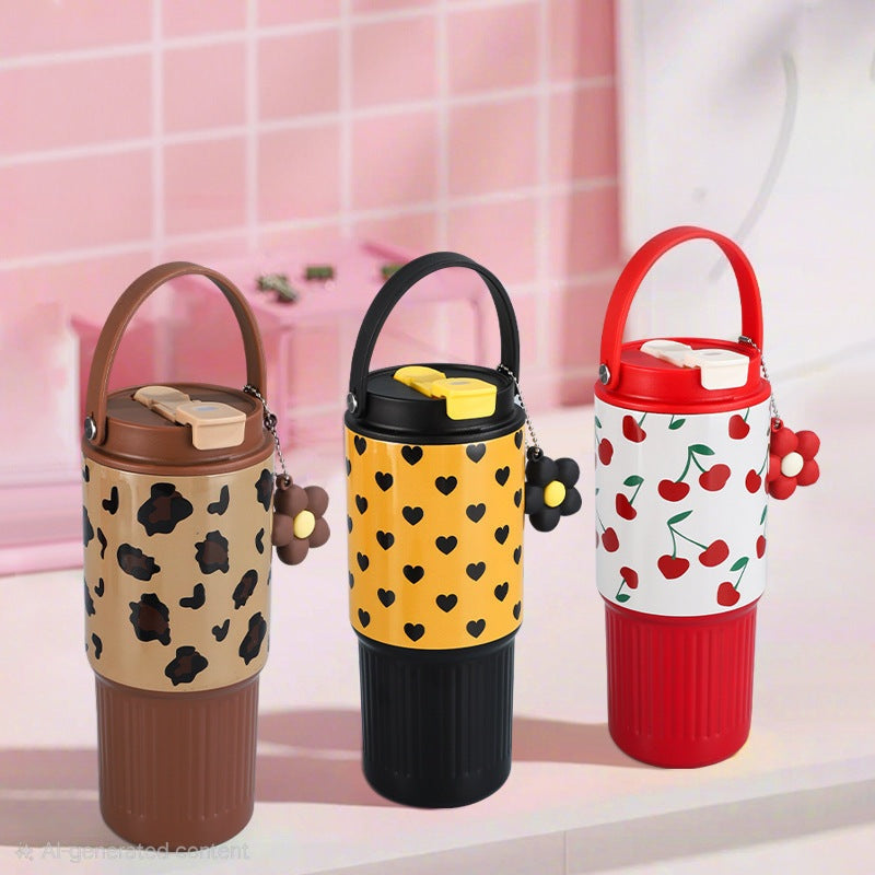 🌸✨ Kawaii Gingham Pattern Thermos Tumbler Bottle with Flower Charm Handle Sipper ✨🌸