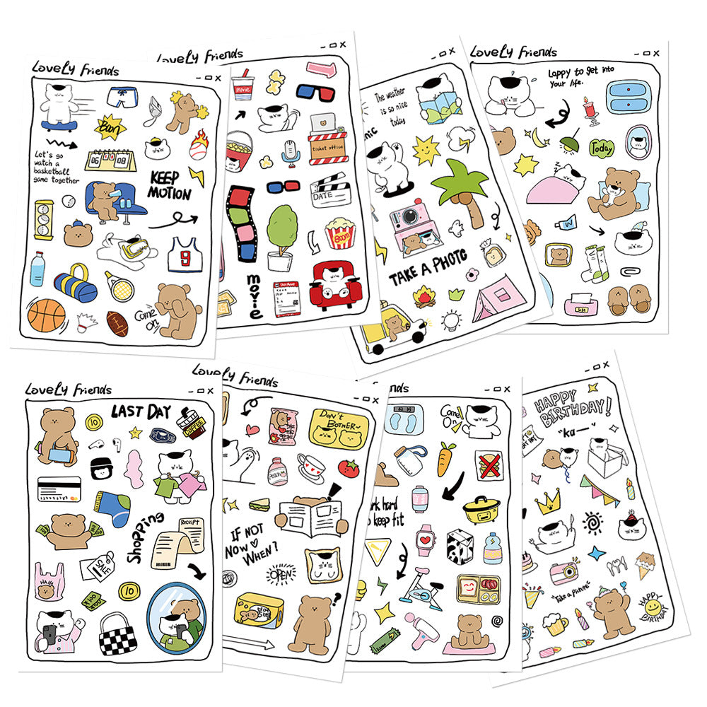 🐻 Set of 8 Lovely Friends Sticker Sheets Pack ✨📒🐱