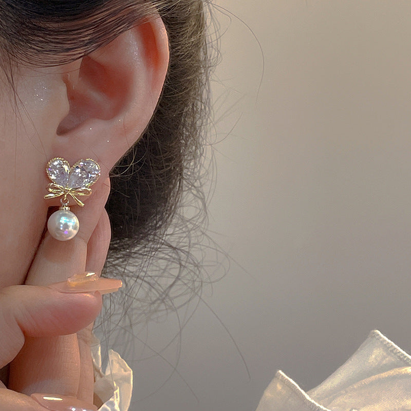 MM12 Korean Golden Heart Bow Pearl Drop Earrings