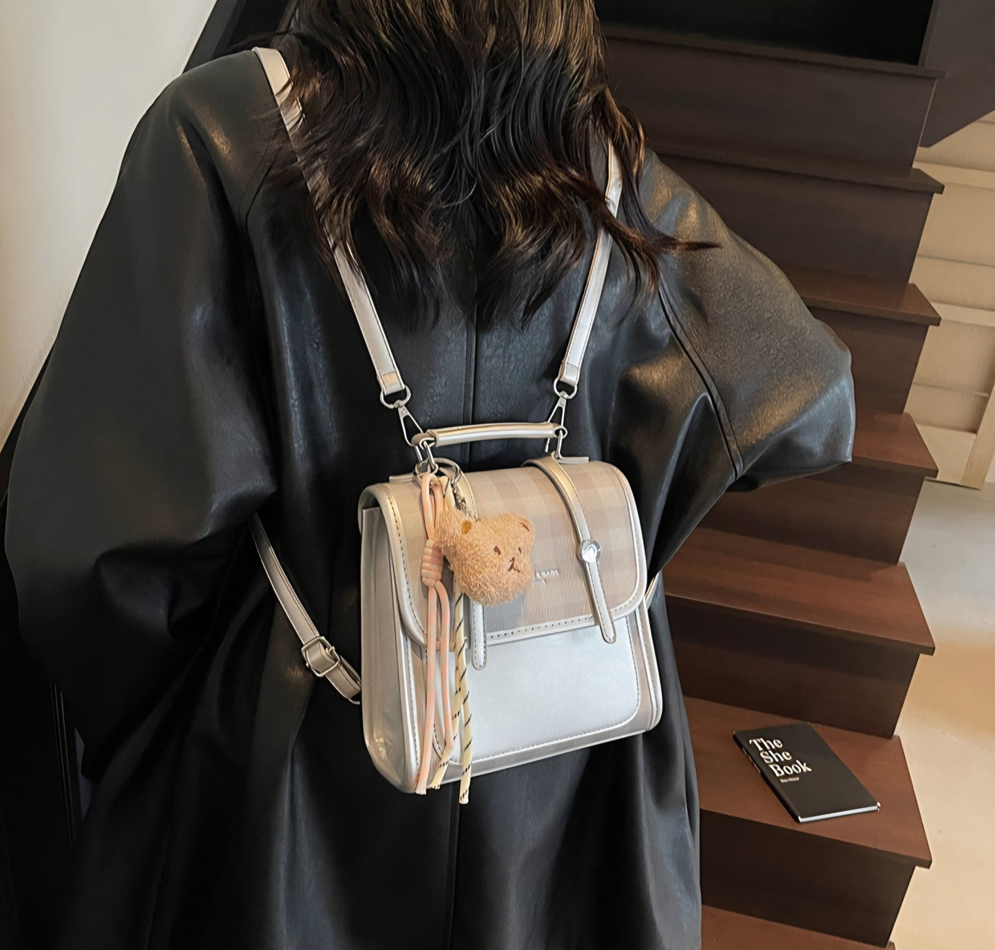Classic Plaid Teddy Charm Shoulder Satchel Sling Bag