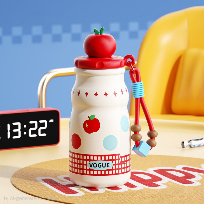 🍎🎀 Kawaii Tomato Fruit Charm Water Bottle Tumbler Sipper with Beaded Strap | Cute Pastel Leakproof Bottle