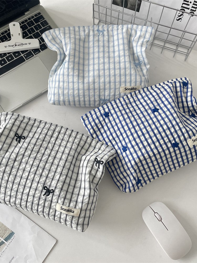 Bow Blue Gingham & Stripe Cosmetic Pouches 🩵🎀