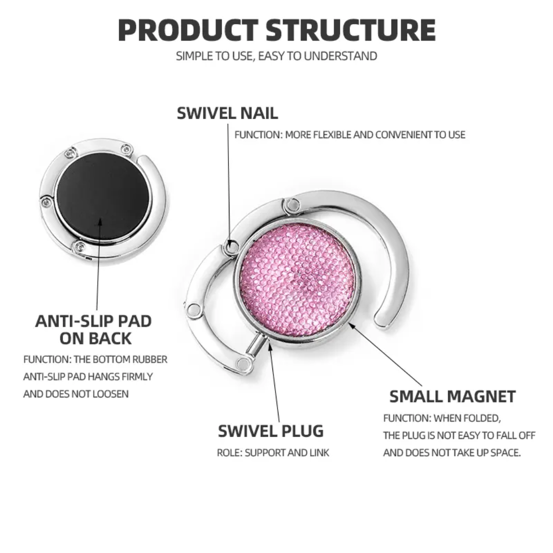 Foldable HandBag Hook Stone Studded Bag Hooks with Magnet