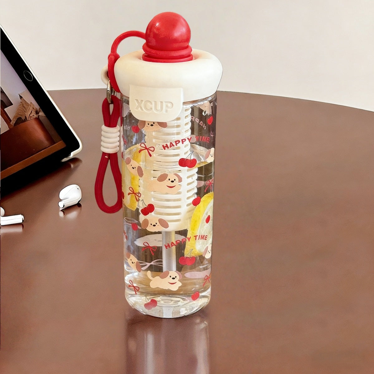 Cute Cartoon XCUP Water Bottle with Straw & Wrist Strap