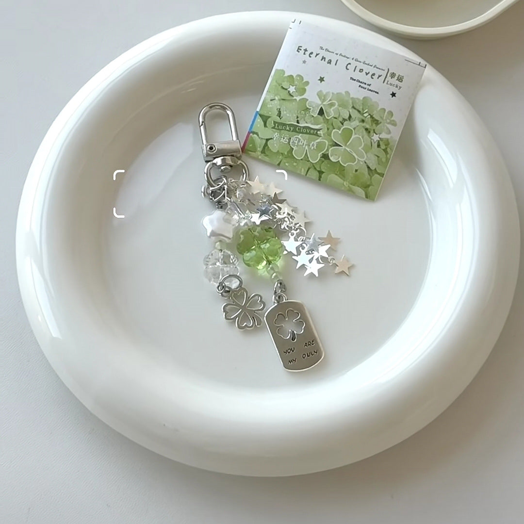 Lucky Clover Charm Keychain & Phone Strap – Silver Star Beaded Accessory