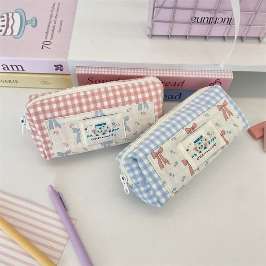 Sweet Ribbon Gingham Pencil Pouch 🎀🩵