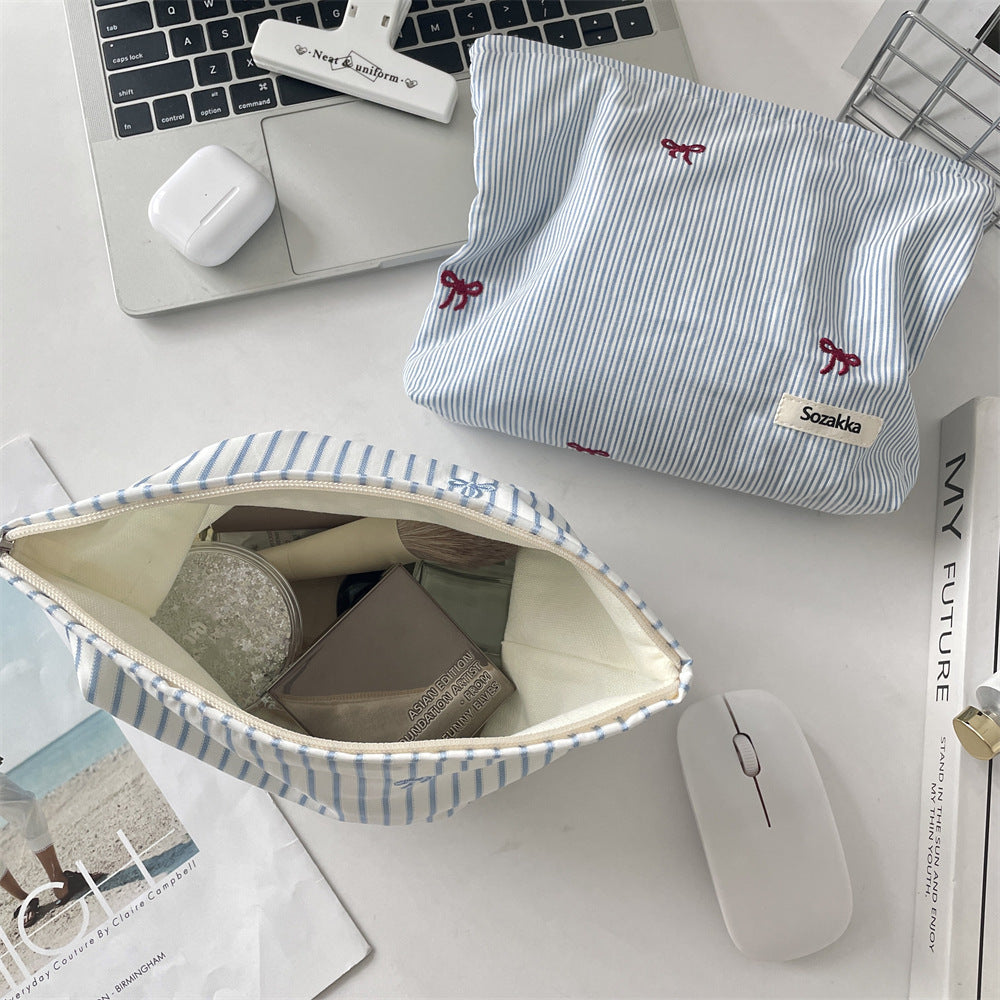 Bow Blue Gingham & Stripe Cosmetic Pouches 🩵🎀