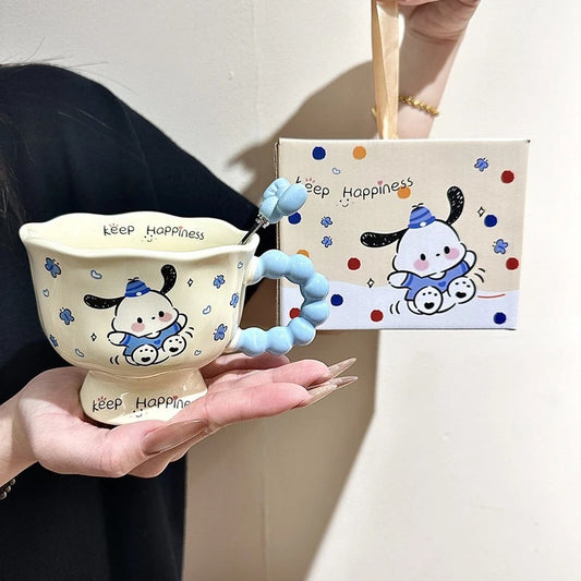 Cute Puppy Pochacoo Bubble Handle Ceramic Mug with Spoon & Gift Box – Strawberry Pink / Sky Blue Kawaii Coffee Cup ☕✨