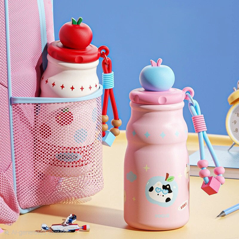 🍎🎀 Kawaii Tomato Fruit Charm Water Bottle Tumbler Sipper with Beaded Strap | Cute Pastel Leakproof Bottle